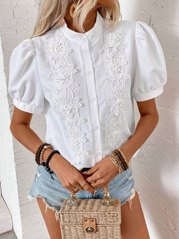 LUNE Embroidered Stand Collar Bubble Sleeve Shirt, Suitable For Summer