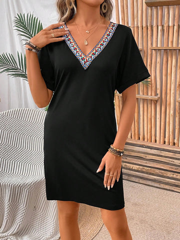 Embroidery Patchwork V-Neck Dress
