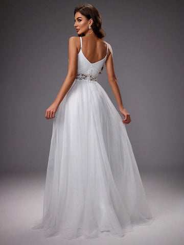 Embroidery & Beading Mesh Wedding Dress With Applique
