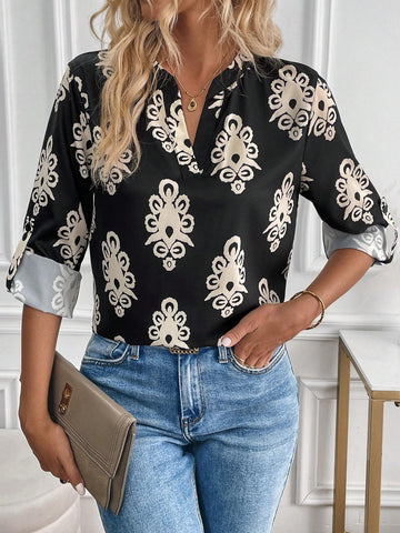LUNE European Style Floral Print Roll-Up Sleeve Casual Shirt, Autumn