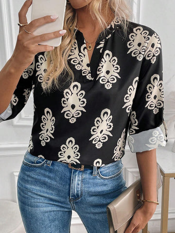 LUNE European Style Floral Print Roll-Up Sleeve Casual Shirt, Autumn