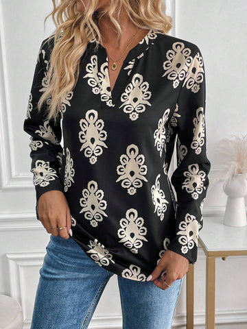 LUNE European Style Floral Print Roll-Up Sleeve Casual Shirt, Autumn