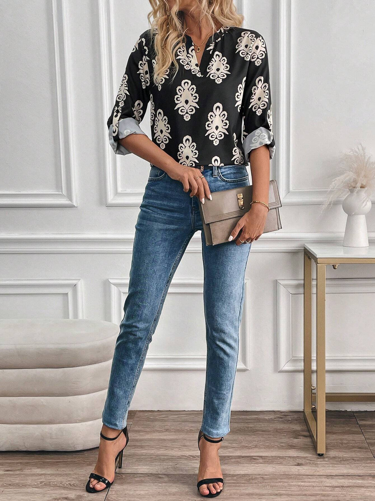 LUNE European Style Floral Print Roll-Up Sleeve Casual Shirt, Autumn