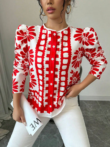 LUNE European & American Style Casual Loose Floral Print Crew Neck Shirt