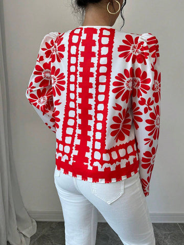 LUNE European & American Style Casual Loose Floral Print Crew Neck Shirt