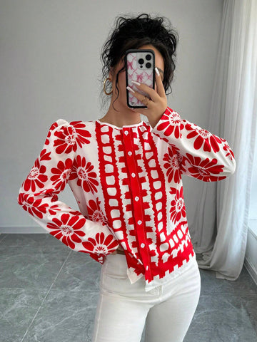 LUNE European & American Style Casual Loose Floral Print Crew Neck Shirt