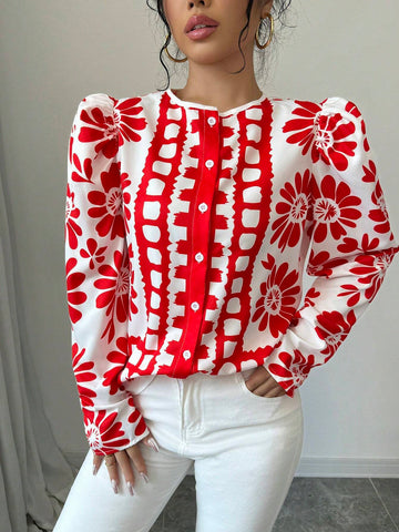 LUNE European & American Style Casual Loose Floral Print Crew Neck Shirt