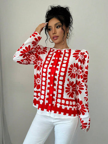 LUNE European & American Style Casual Loose Floral Print Crew Neck Shirt