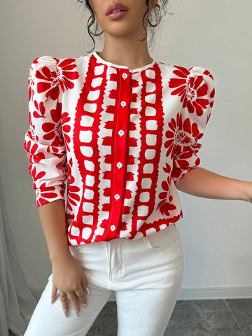 LUNE European & American Style Casual Loose Floral Print Crew Neck Shirt