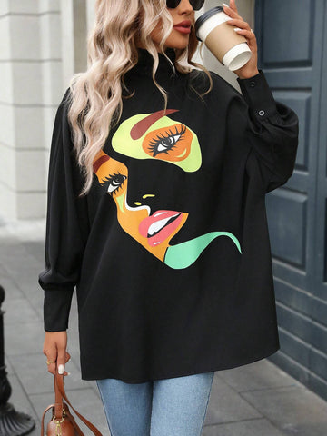 LUNE Fall/Winter Abstract Pattern Batwing Sleeve Mock Neck Blouse