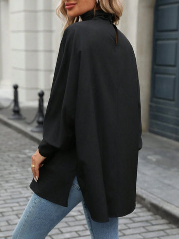 LUNE Fall/Winter Abstract Pattern Batwing Sleeve Mock Neck Blouse