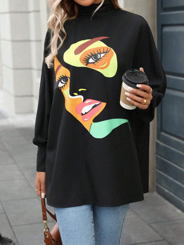 LUNE Fall/Winter Abstract Pattern Batwing Sleeve Mock Neck Blouse