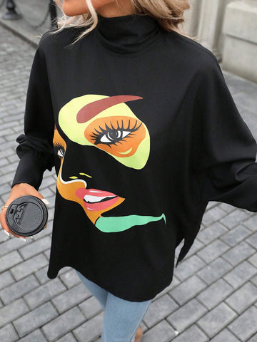 LUNE Fall/Winter Abstract Pattern Batwing Sleeve Mock Neck Blouse