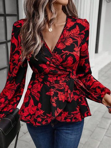 LUNE Fashion Women's Casual V-Neck Puff Sleeve Shirt With Waist Belt, Elegant Office Wear