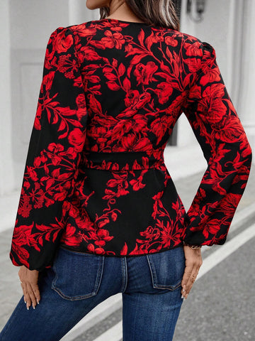 LUNE Fashion Women's Casual V-Neck Puff Sleeve Shirt With Waist Belt, Elegant Office Wear