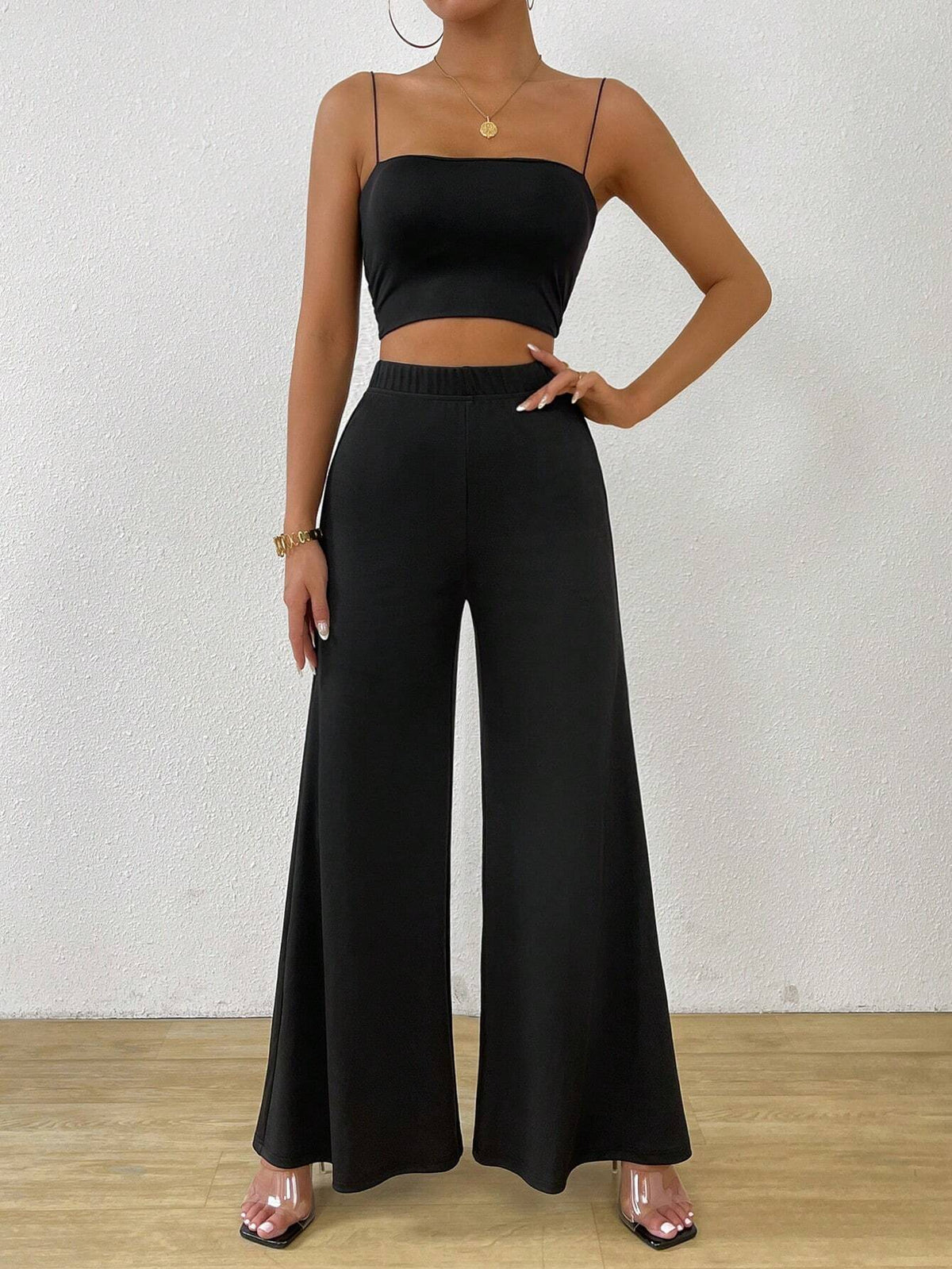 LUNE Fashionable Casual High Waisted Wide-Leg Black Pants
