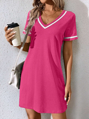 Fashionable Casual V-Neck Contrast Color Ribbon Black Knit Dress