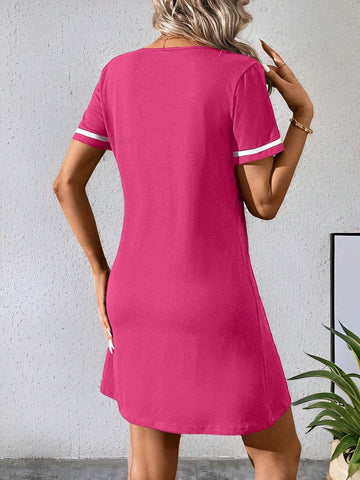 Fashionable Casual V-Neck Contrast Color Ribbon Black Knit Dress