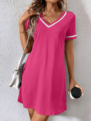 Fashionable Casual V-Neck Contrast Color Ribbon Black Knit Dress