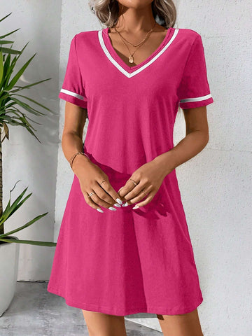 Fashionable Casual V-Neck Contrast Color Ribbon Black Knit Dress