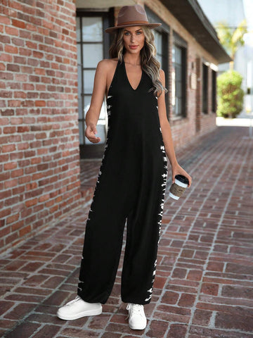 Fashionable Loose-Fitting Black Suspenders Drop-Crotch Long Pants, Perfect For Going Out