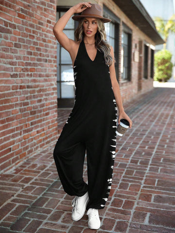 Fashionable Loose-Fitting Black Suspenders Drop-Crotch Long Pants, Perfect For Going Out