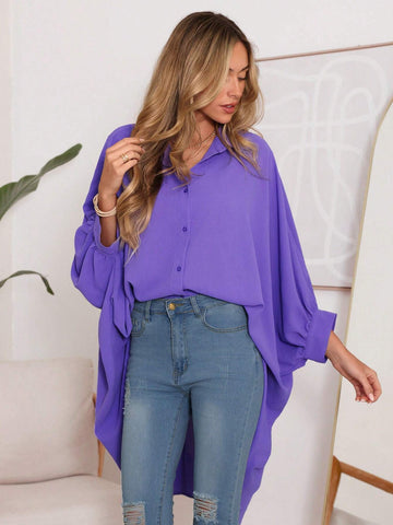 LUNE Fashionable Oversized Purple Shirt With Batwing Sleeves, High-Low Hem And Casual Loose Fit