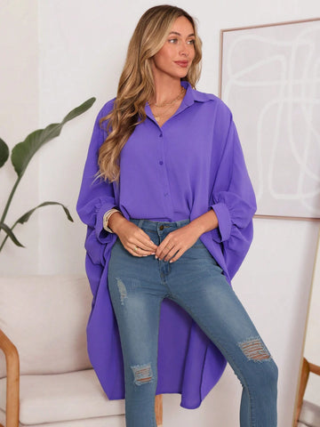LUNE Fashionable Oversized Purple Shirt With Batwing Sleeves, High-Low Hem And Casual Loose Fit