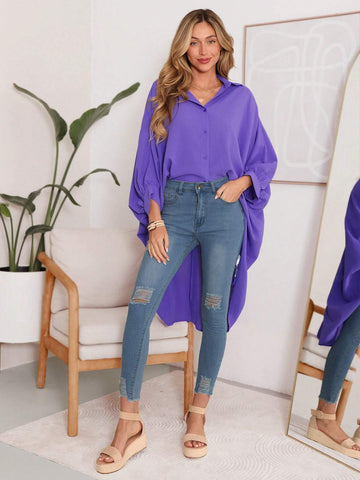 LUNE Fashionable Oversized Purple Shirt With Batwing Sleeves, High-Low Hem And Casual Loose Fit