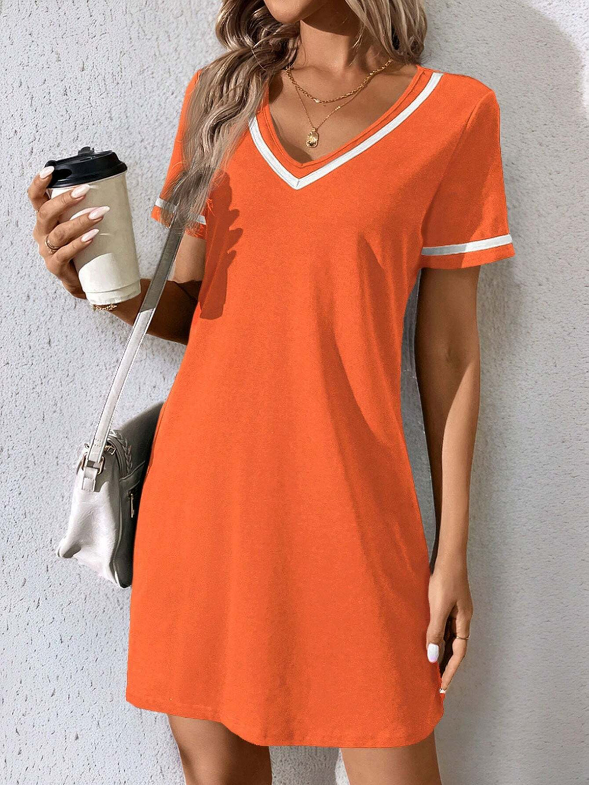 Fashionable V-Neck Contrast Ribbon Black Knit Dress