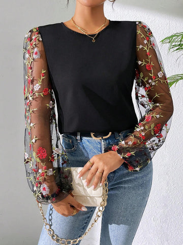 LUNE Fashionable Women's Black Embroidered Mesh Long Sleeve Shirt
