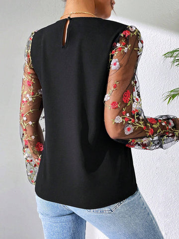 LUNE Fashionable Women's Black Embroidered Mesh Long Sleeve Shirt