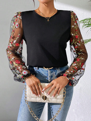 LUNE Fashionable Women's Black Embroidered Mesh Long Sleeve Shirt