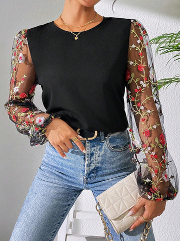 LUNE Fashionable Women's Black Embroidered Mesh Long Sleeve Shirt