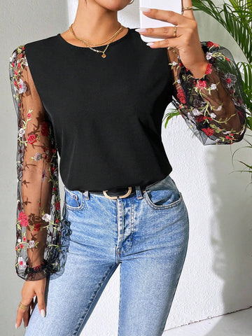 LUNE Fashionable Women's Black Embroidered Mesh Long Sleeve Shirt
