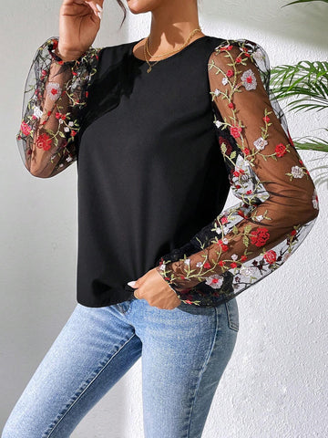 LUNE Fashionable Women's Black Embroidered Mesh Long Sleeve Shirt