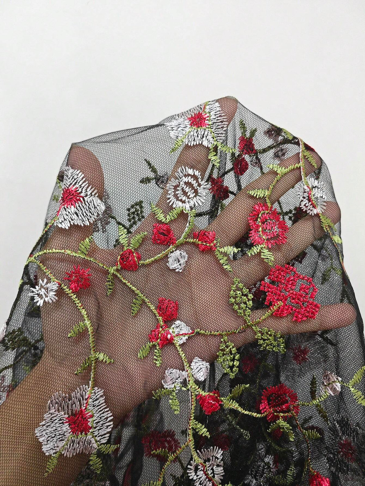 LUNE Fashionable Women's Black Embroidered Mesh Long Sleeve Shirt