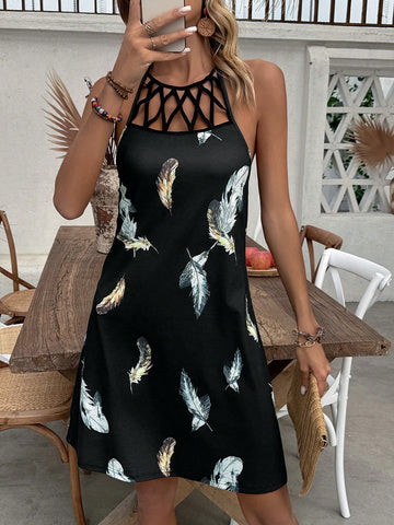 Feather Printed Hollow Out Back Halter Neck Dress