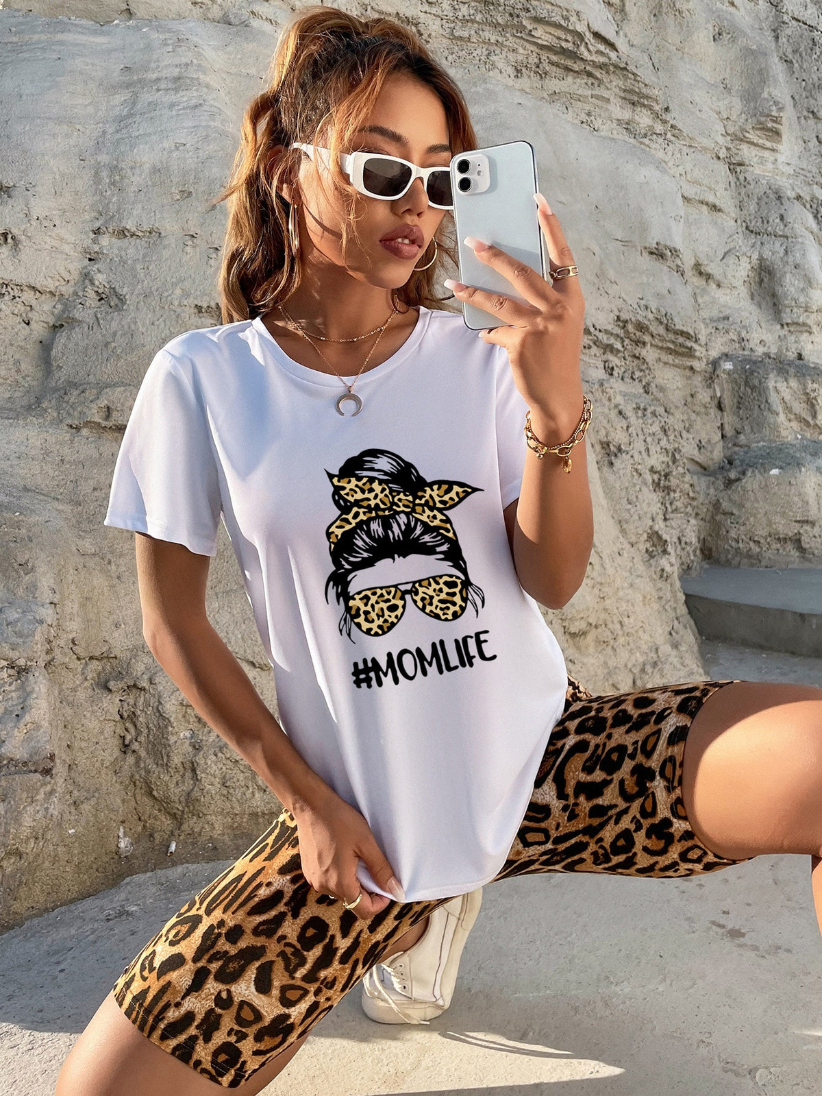 Figure & Letter Graphic Tee With Leopard Biker Shorts