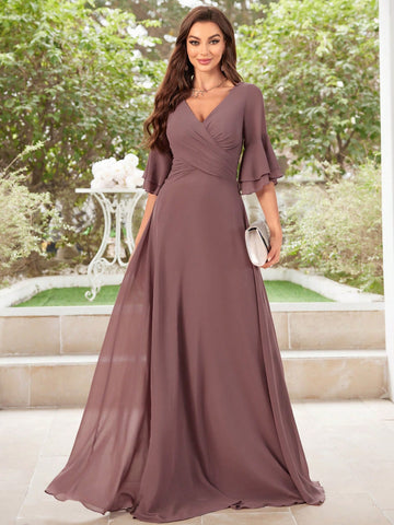 Floral Chiffon Ruffled Sleeves Evening Dress