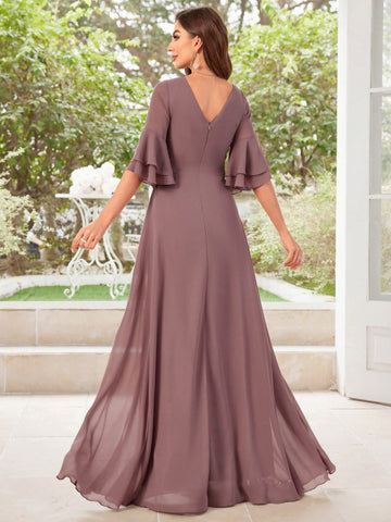 Floral Chiffon Ruffled Sleeves Evening Dress