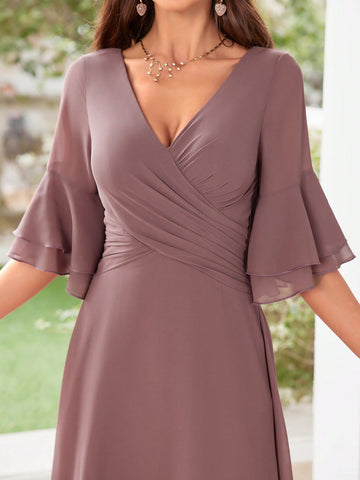 Floral Chiffon Ruffled Sleeves Evening Dress