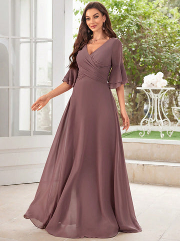 Floral Chiffon Ruffled Sleeves Evening Dress