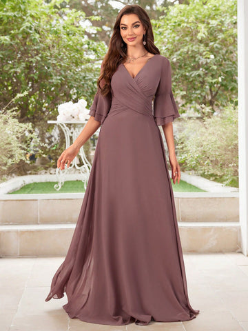 Floral Chiffon Ruffled Sleeves Evening Dress