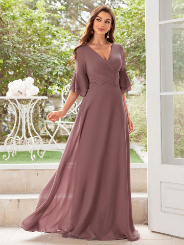 Floral Chiffon Ruffled Sleeves Evening Dress