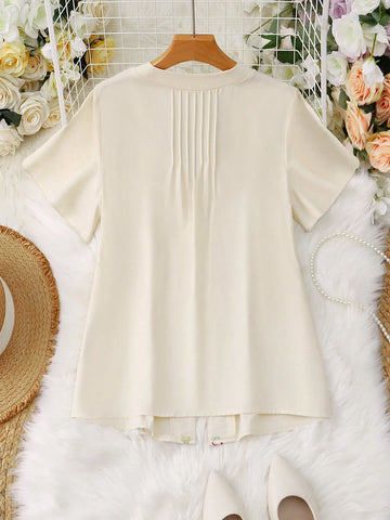 LUNE Floral Embroidery Pleated Detail Blouse For Summer Vacation
