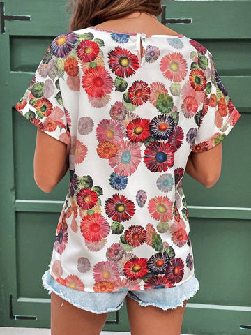 LUNE Floral Print Batwing Sleeve Blouse For Summer Vacation