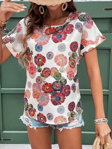 LUNE Floral Print Batwing Sleeve Blouse For Summer Vacation