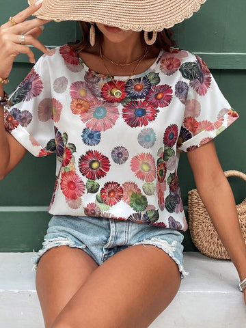 LUNE Floral Print Batwing Sleeve Blouse For Summer Vacation