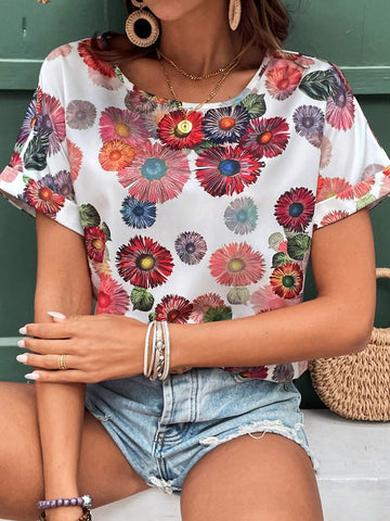 LUNE Floral Print Batwing Sleeve Blouse For Summer Vacation